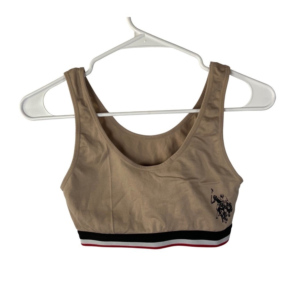 US Polo Assn Tan Sports‎ Bra Medium Striped Elastic Band Logo Scoop Neck